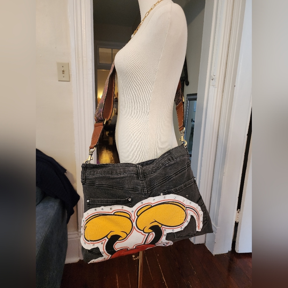Hand Crafted Multicolor Mickey Mouse Denim Crossbody Bag - Picture 4 of 5